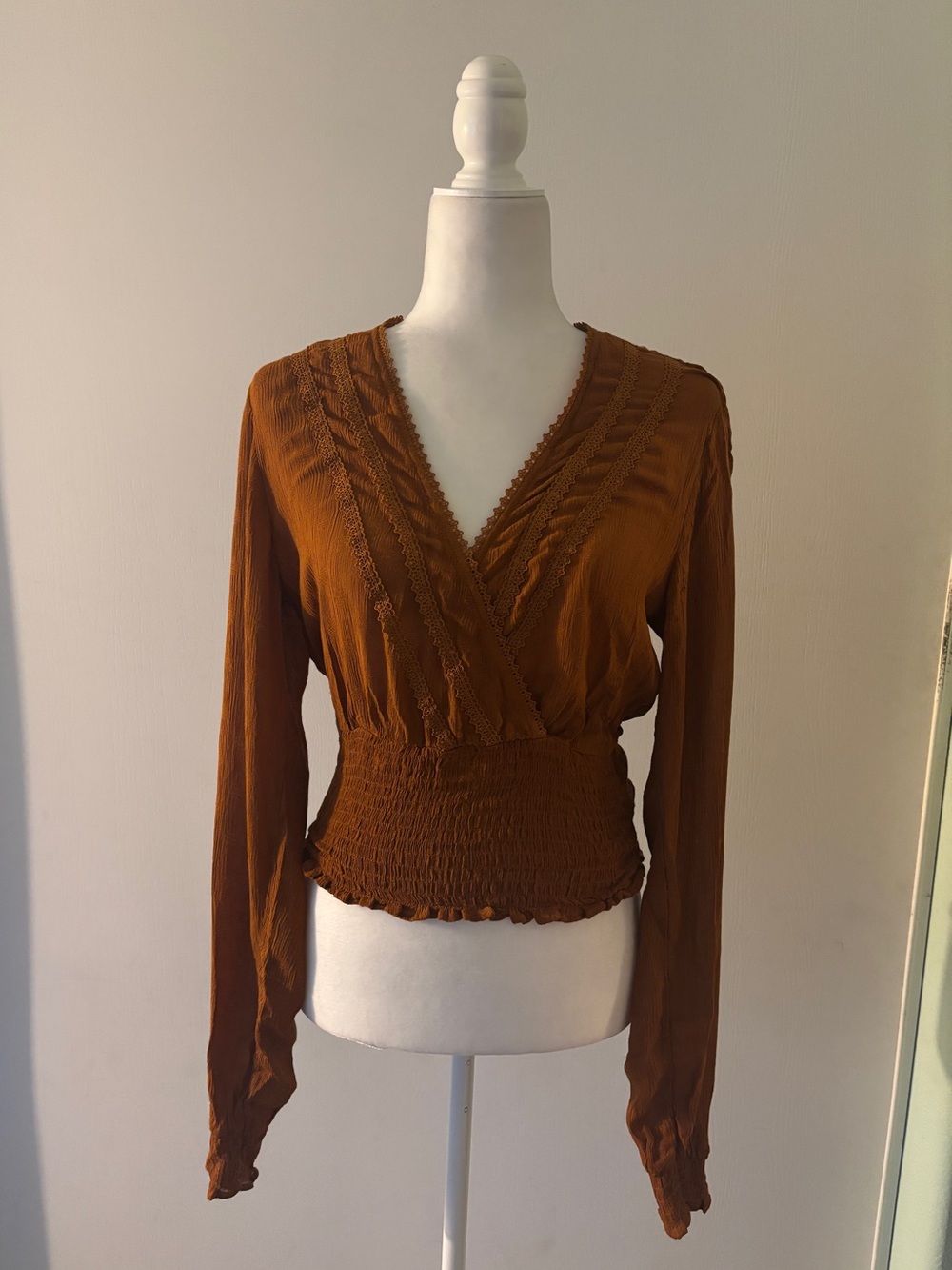 Guess Rust Orange  Long-Sleeve Smocked Wrap Top